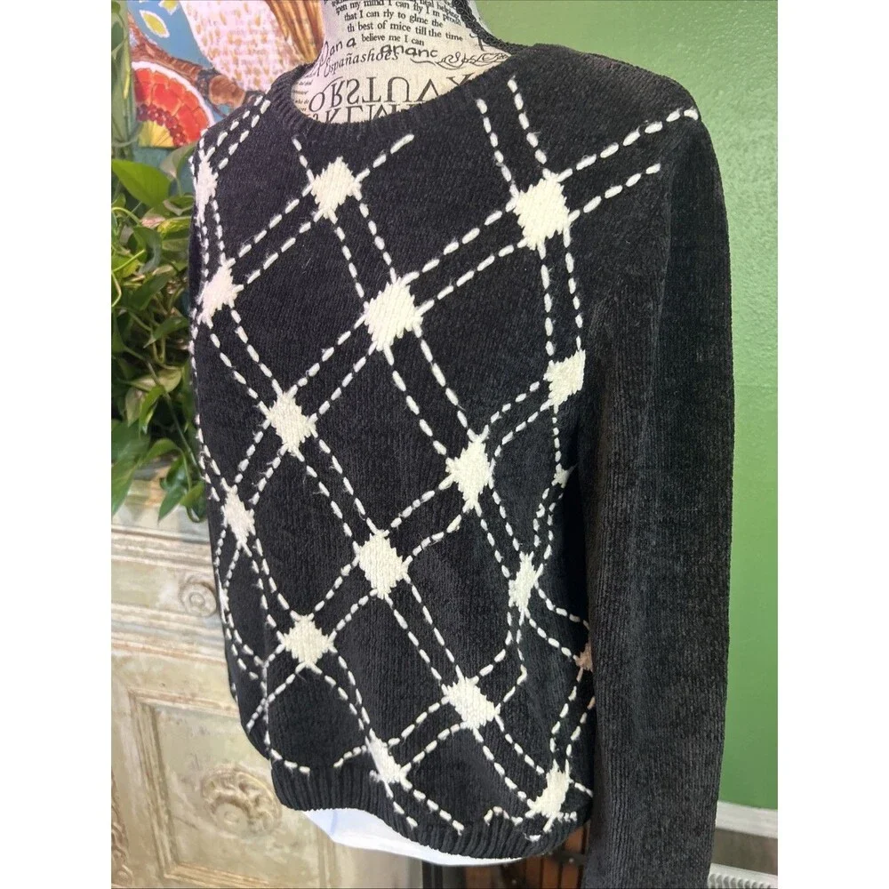 Vtg Alfred Dunner Womens Sweater Size Petite L Black & White Dark Academia